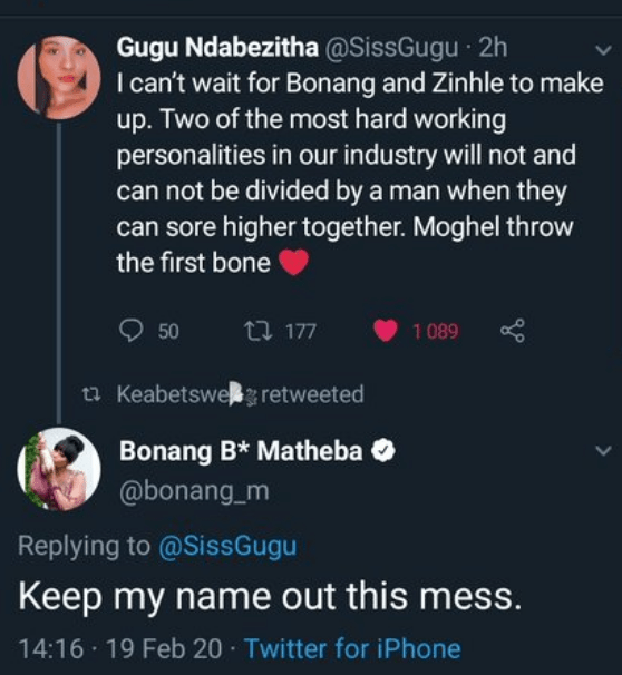 Keep my name out of this mess, says Bonang Matheba on DJ Zinhle and AKA social media storm