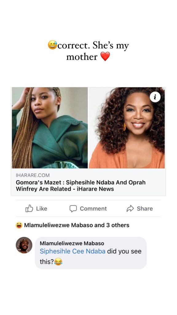 Gomora actress Siphesihle Ndaba (Mazet) reacts to claims she is related to Oprah Winfrey