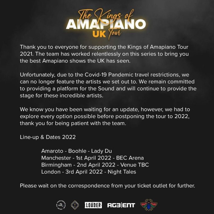 Kings of Amapiano UK tour postponed