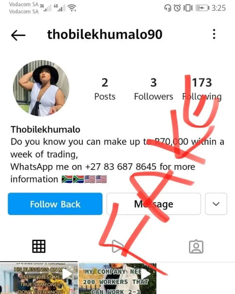 Thobile Khumalo has warned her followers not to fall prey to scammers