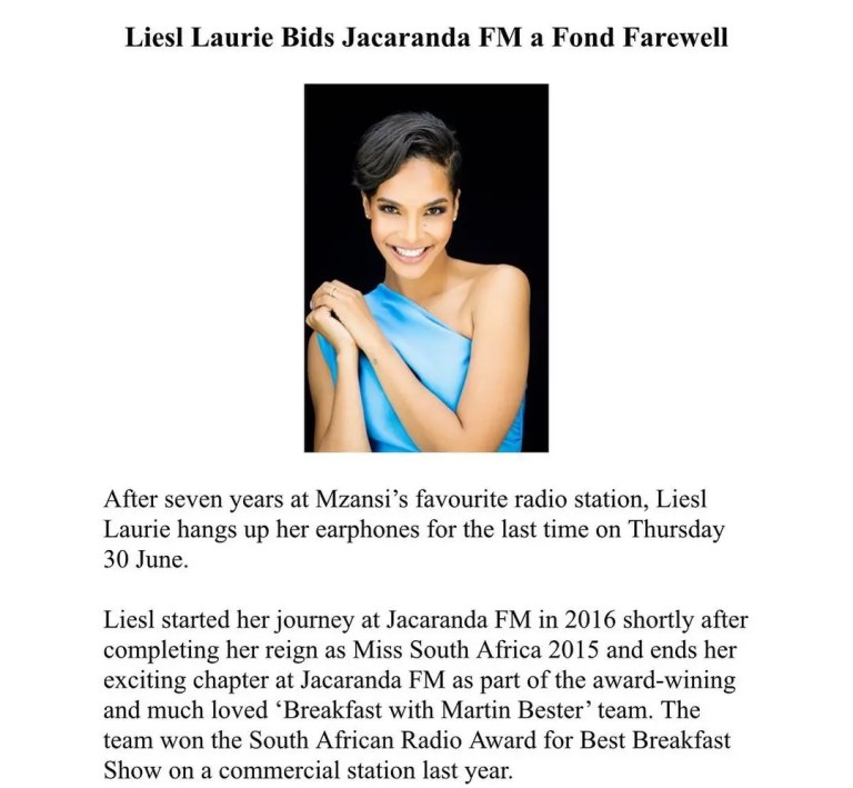 Liesl Laurie announced her exit from Jacaranda FM