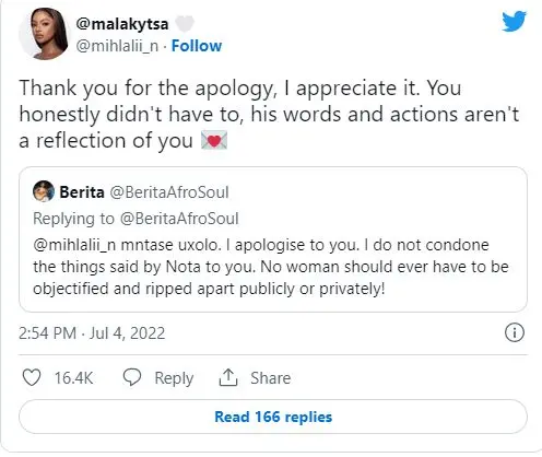 Mihlali reacts to Berita’s apology on behalf of her ex-husband Nota Baloyi