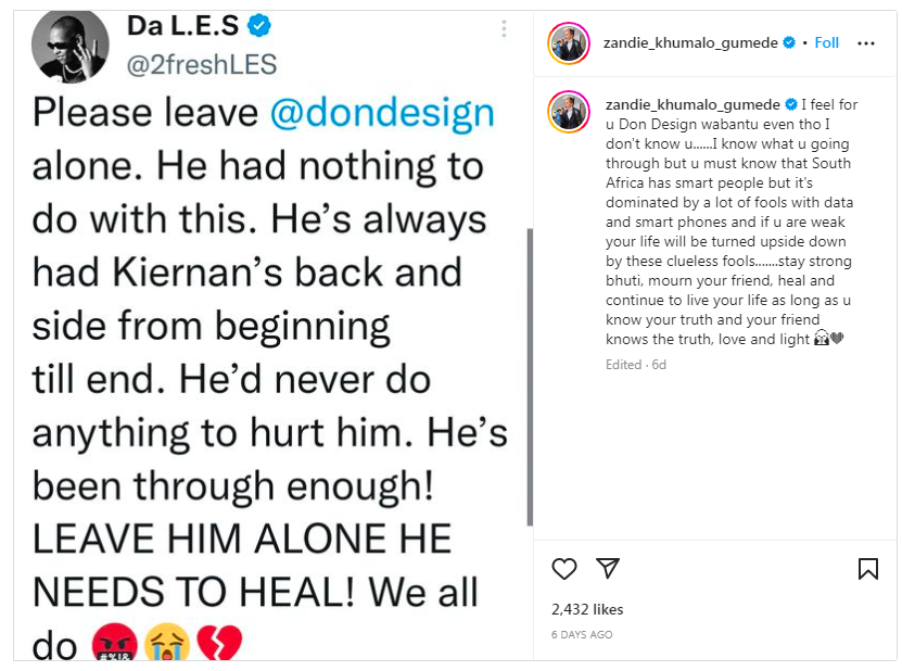 AKA’s murder: Kelly Khumalo’s sister, Zandie shows support to Don Design