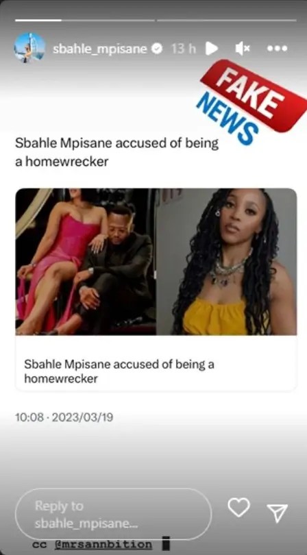 Sbahle Mpisane responds to rumours she’s having an affair with Annie’s husband