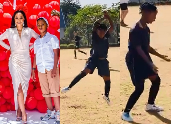 Kelly Khumalo’s son, Christian shows off his impressive football skills – Watch