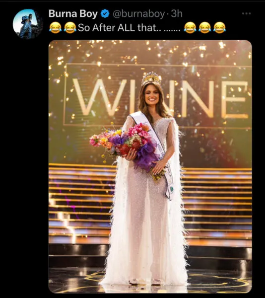 Burna Boy Under Fire Over His Reaction To Miss South Africa 2024 Winner